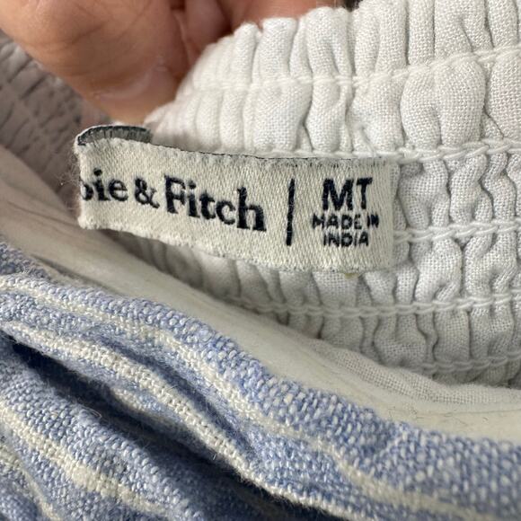 Abercrombie & Fitch Emerson Mini Dress Size Medium Tall Blue Striped Linen Short - Picture 3 of 11